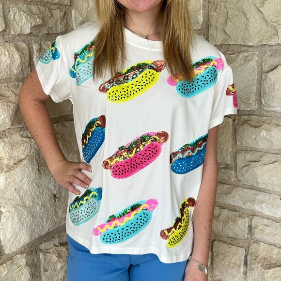 QUEEN OF SPARKLES Tops - NWT Queen Of Sparkles White Scattered Multi Color Hot Dog Tee